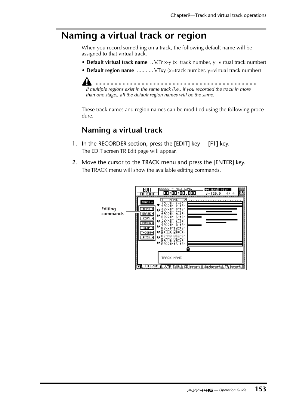 Naming a virtual track or region, Naming a virtual track | Yamaha AW4416 User Manual | Page 164 / 280