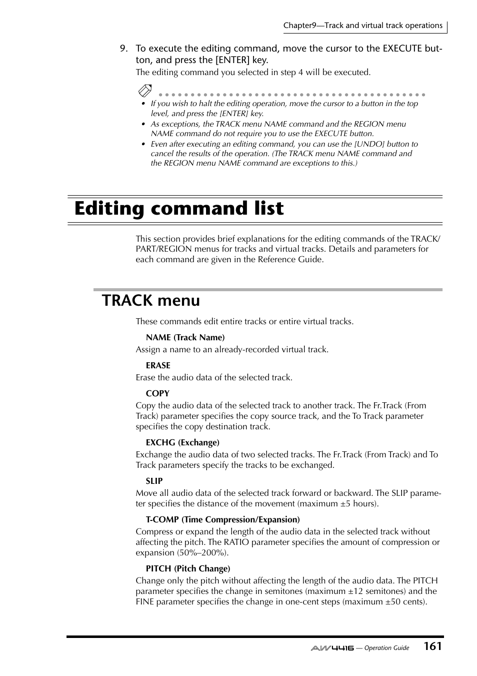 Editing command list, Track menu | Yamaha AW4416 User Manual | Page 172 / 280