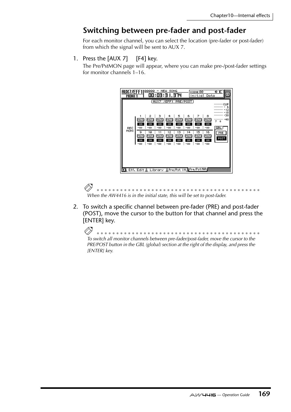 Switching between pre-fader and post-fader | Yamaha AW4416 User Manual | Page 179 / 280