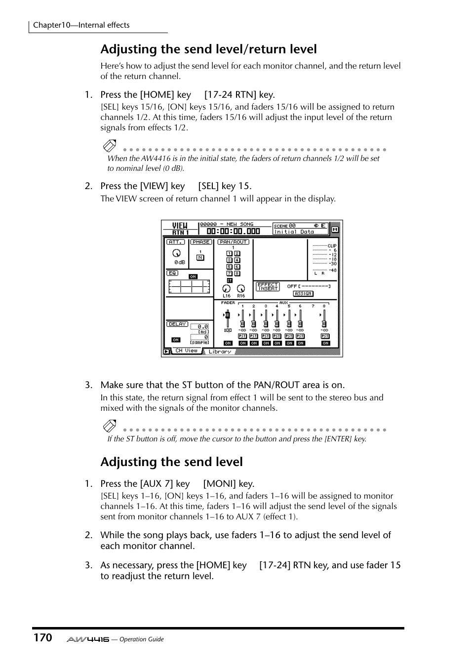 Adjusting the send level/return level, Adjusting the send level | Yamaha AW4416 User Manual | Page 180 / 280