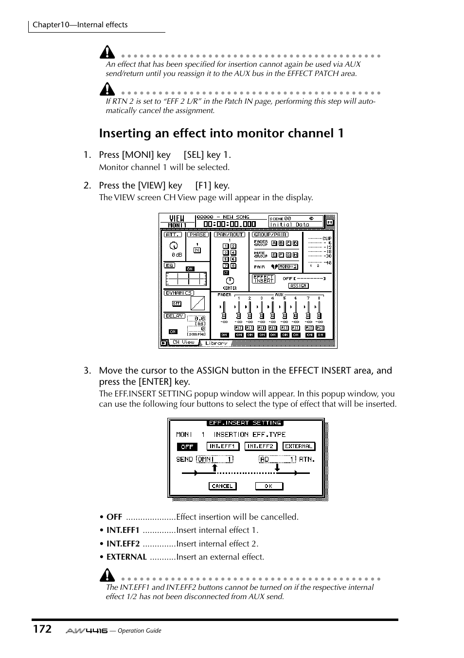 Inserting an effect into monitor channel 1 | Yamaha AW4416 User Manual | Page 182 / 280