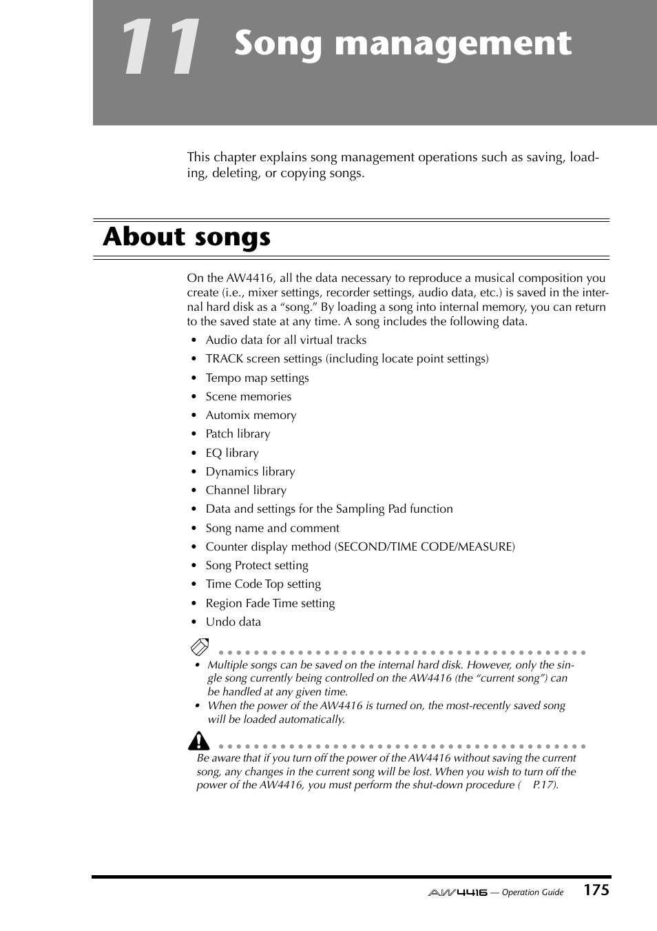 11 song management, About songs, Chapter 11 song management | Song management | Yamaha AW4416 User Manual | Page 185 / 280