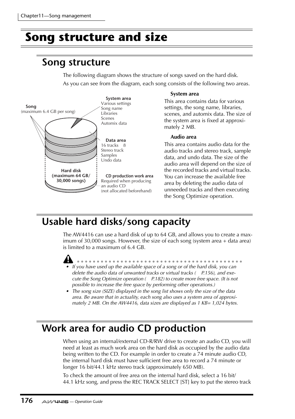 Song structure and size, Song structure, Usable hard disks/song capacity | Work area for audio cd production, Automix punch-in/out | Yamaha AW4416 User Manual | Page 186 / 280