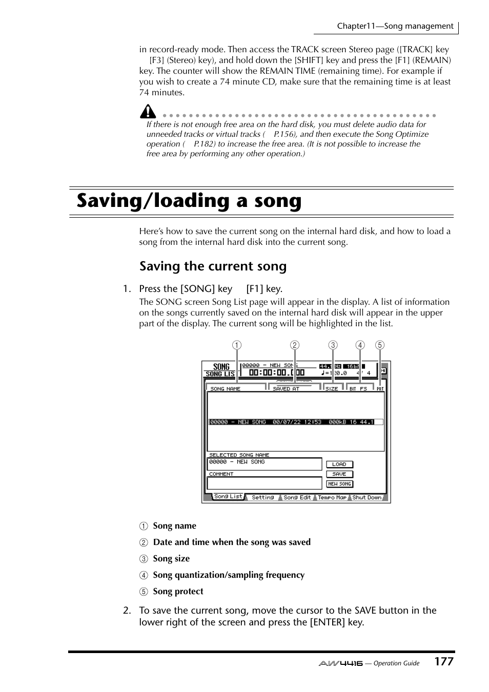 Saving/loading a song, Saving the current song | Yamaha AW4416 User Manual | Page 187 / 280