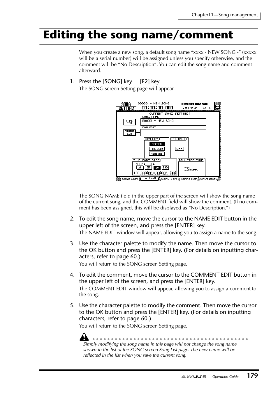 Editing the song name/comment | Yamaha AW4416 User Manual | Page 189 / 280