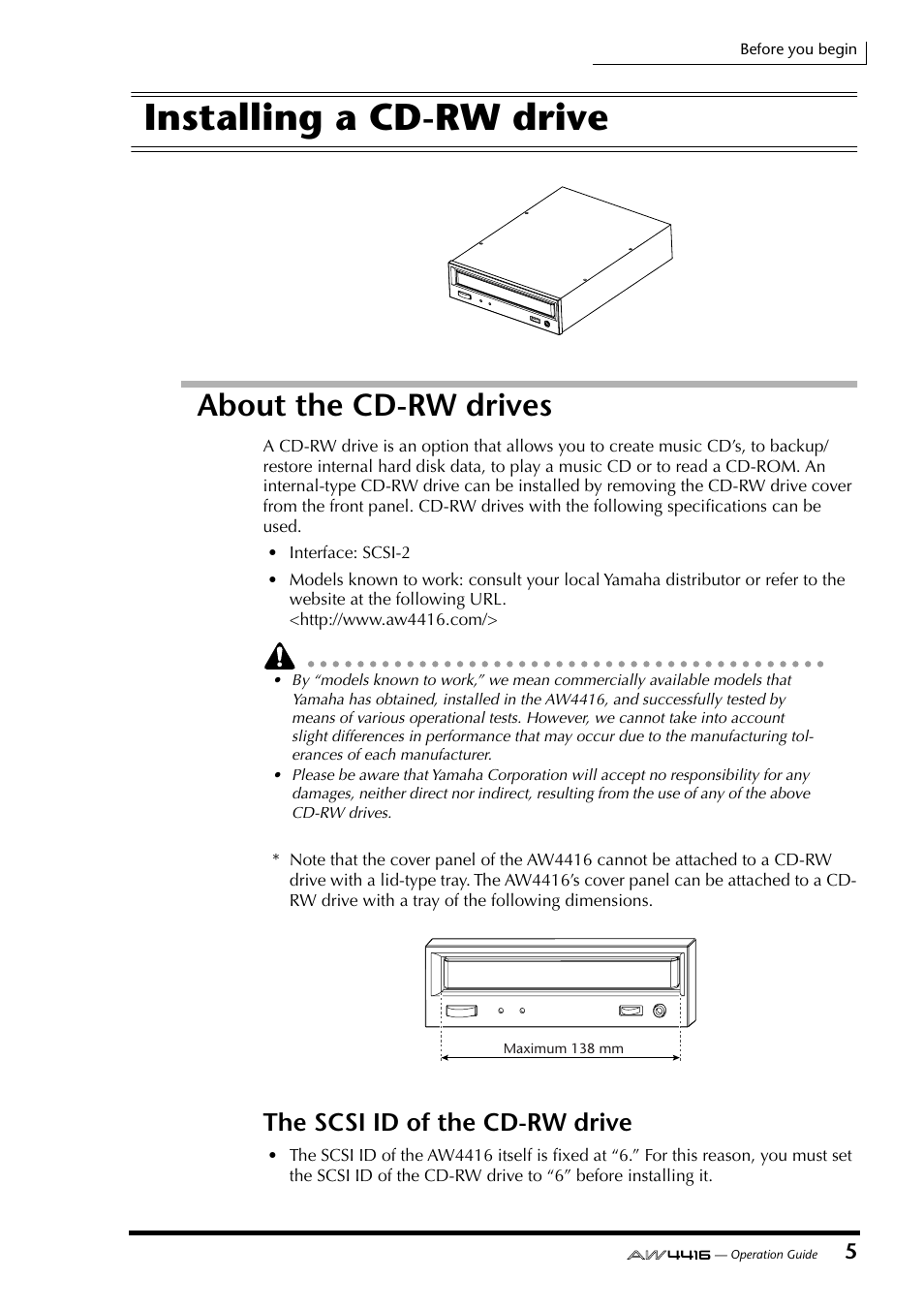 Installing a cd-rw drive, About the cd-rw drives, The scsi id of the cd-rw drive | Yamaha AW4416 User Manual | Page 19 / 280