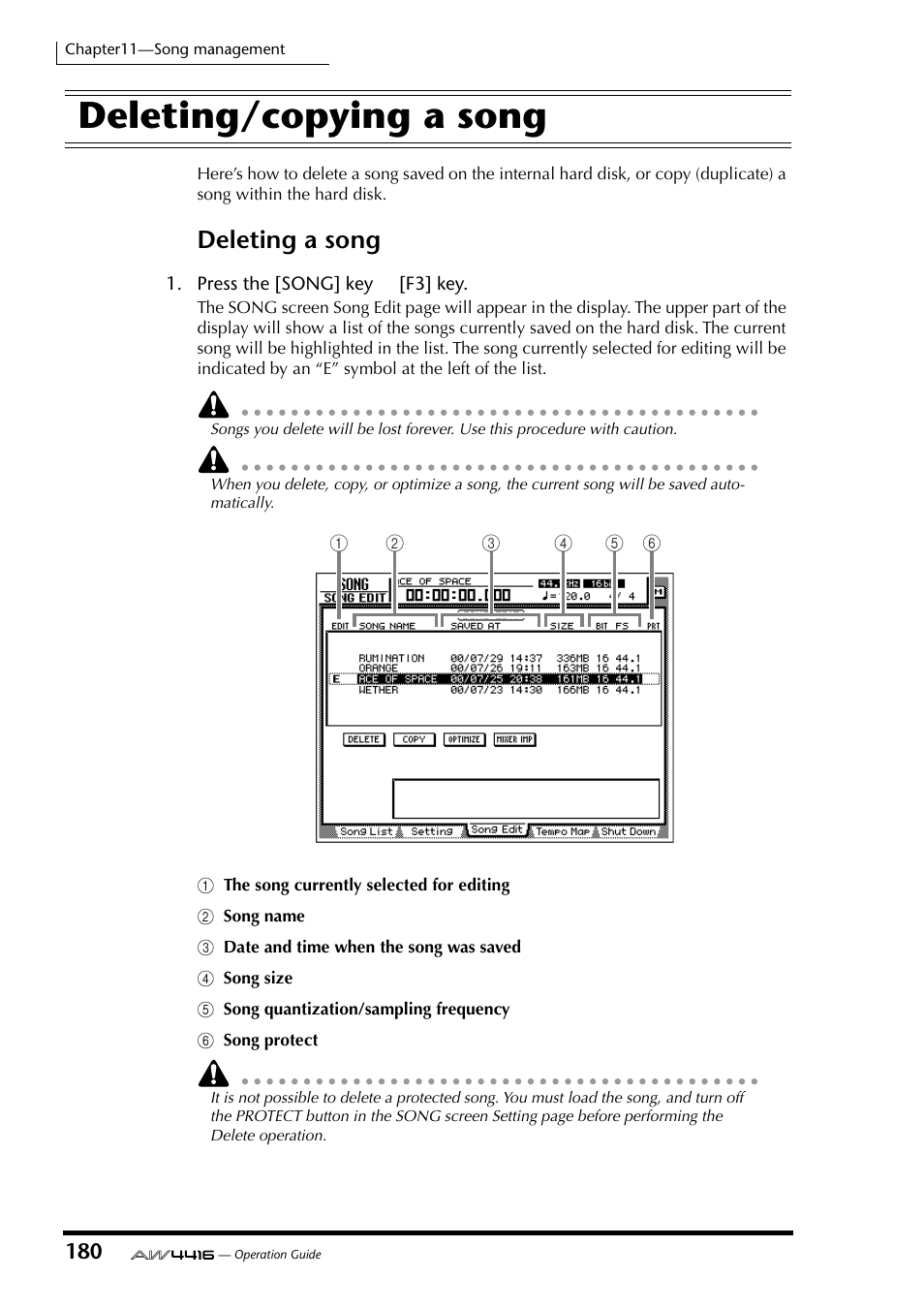 Deleting/copying a song, Deleting a song | Yamaha AW4416 User Manual | Page 190 / 280