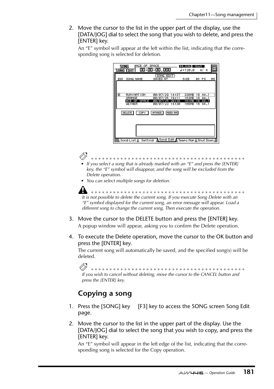 Copying a song | Yamaha AW4416 User Manual | Page 191 / 280