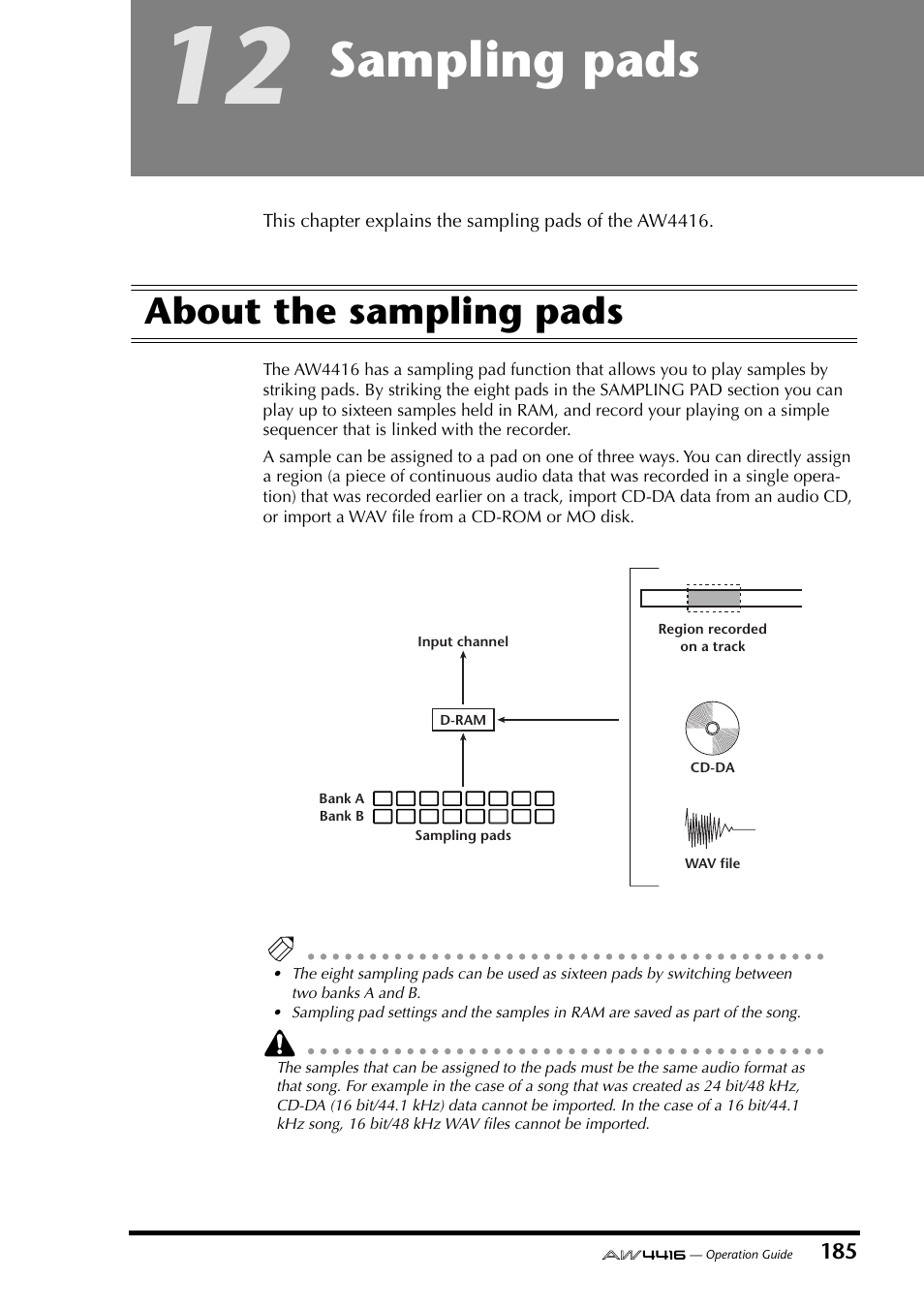 12 sampling pads, About the sampling pads, Chapter 12 sampling pads | Sampling pads | Yamaha AW4416 User Manual | Page 195 / 280