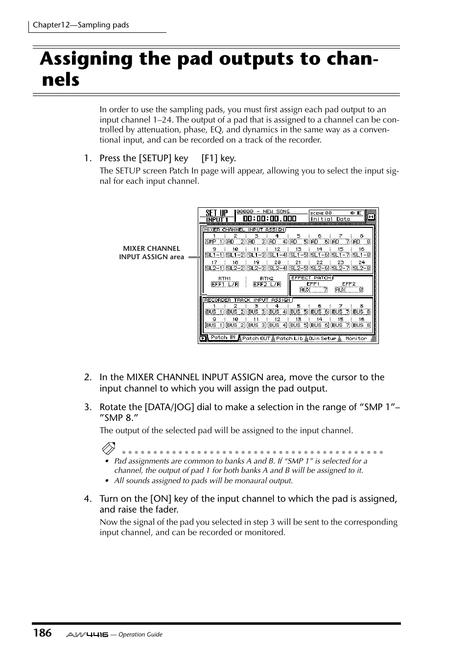 Assigning the pad outputs to channels, Assigning the pad outputs to chan- nels | Yamaha AW4416 User Manual | Page 196 / 280