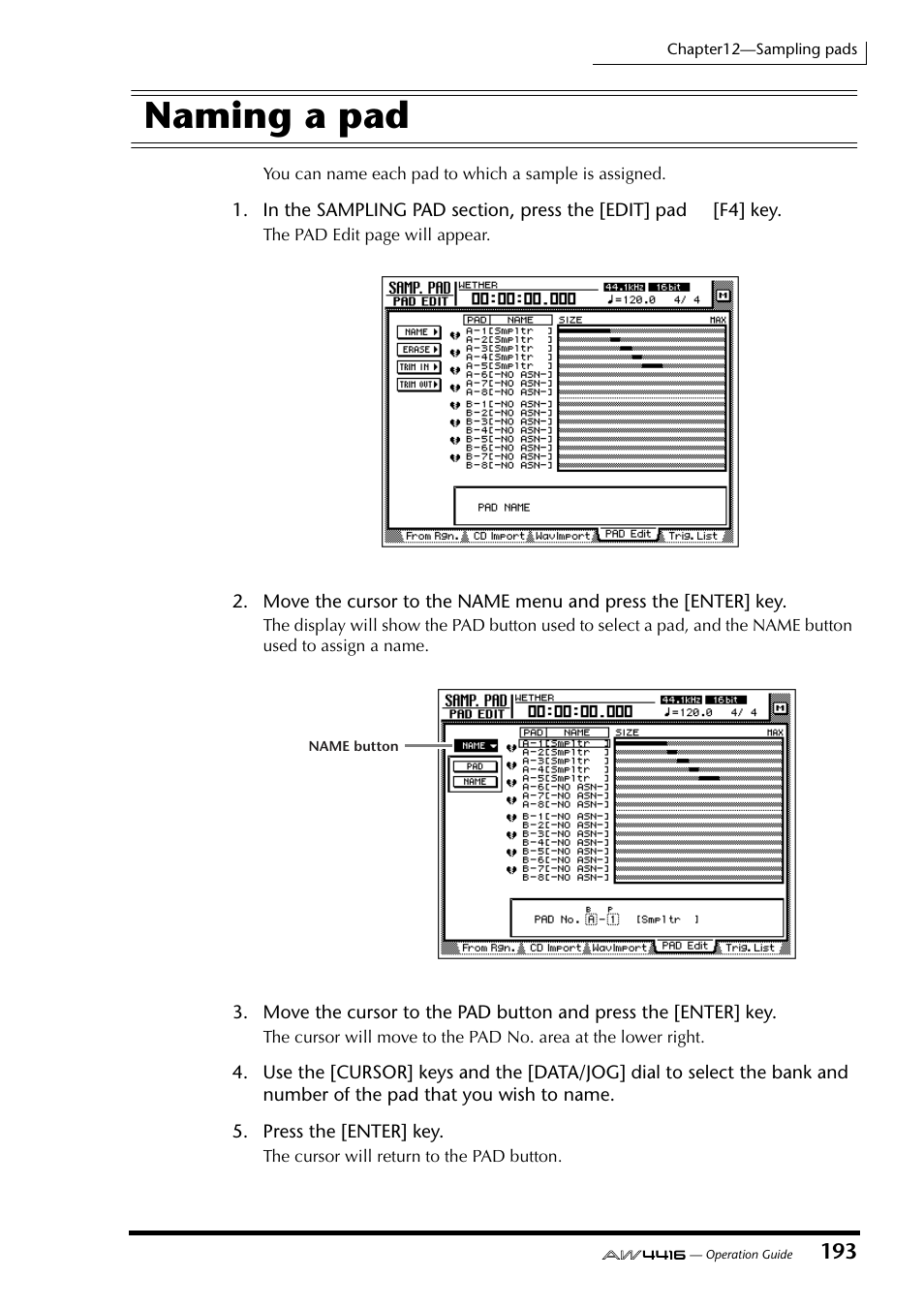 Naming a pad | Yamaha AW4416 User Manual | Page 203 / 280