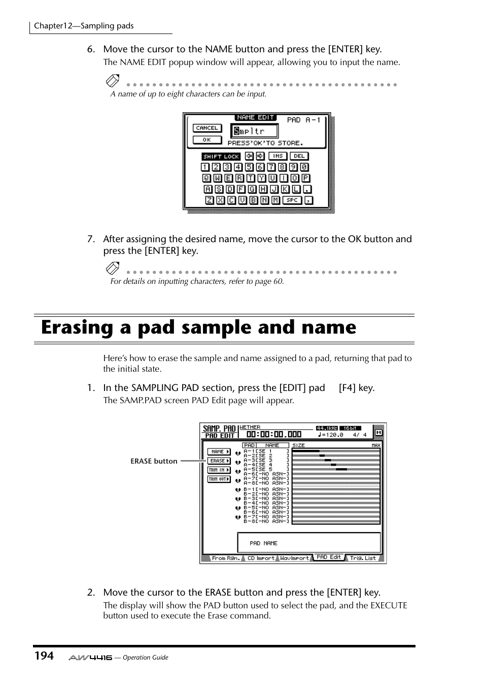 Erasing a pad sample and name | Yamaha AW4416 User Manual | Page 204 / 280