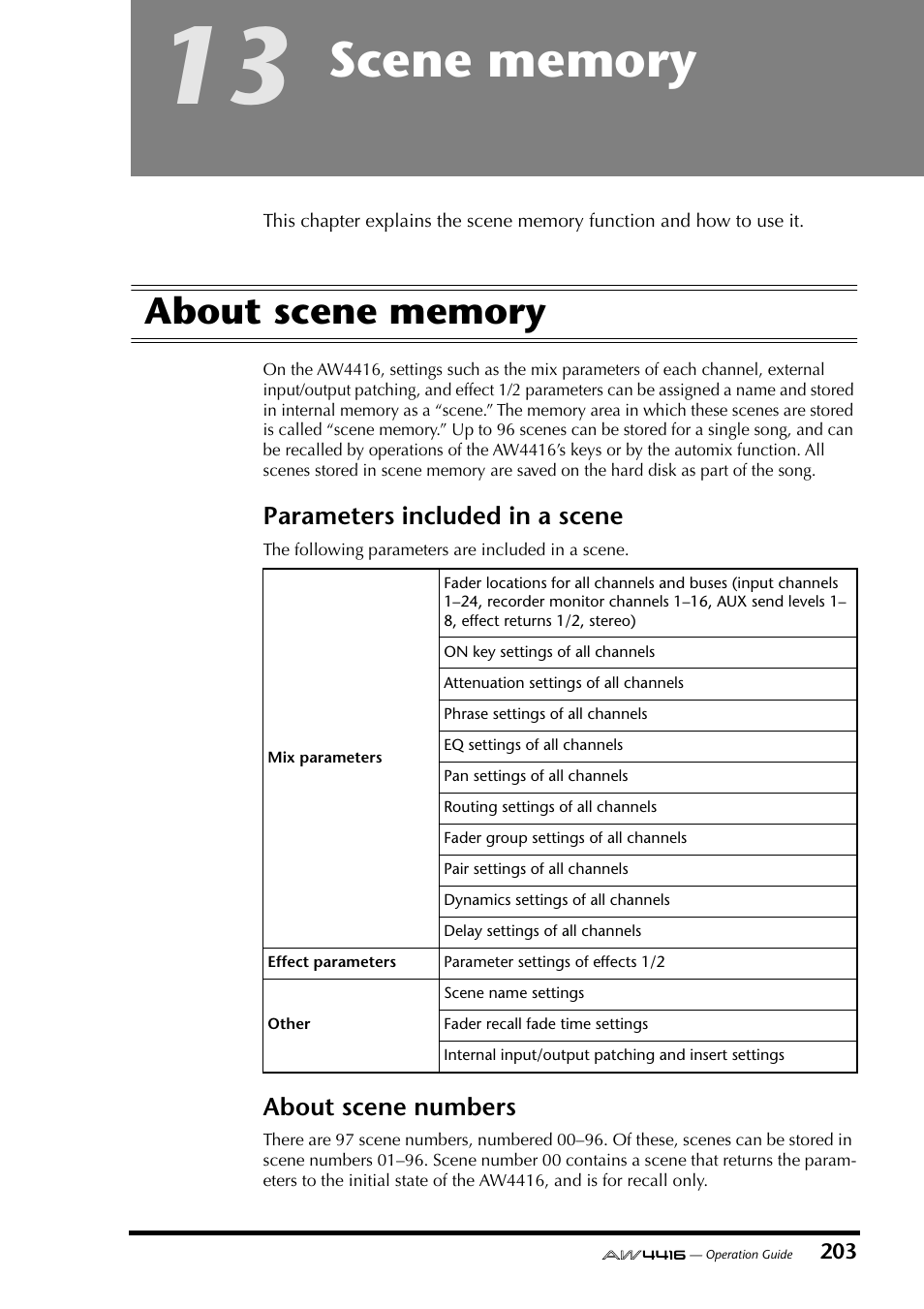 13 scene memory, About scene memory, Chapter 13 scene memory | Parameters included in a scene about scene numbers | Yamaha AW4416 User Manual | Page 213 / 280