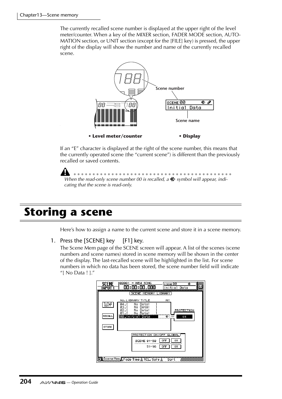 Storing a scene, Press the [scene] key → [f1] key, Level meter/counter • display | Scene number scene name, Operation guide, Tc scene | Yamaha AW4416 User Manual | Page 214 / 280