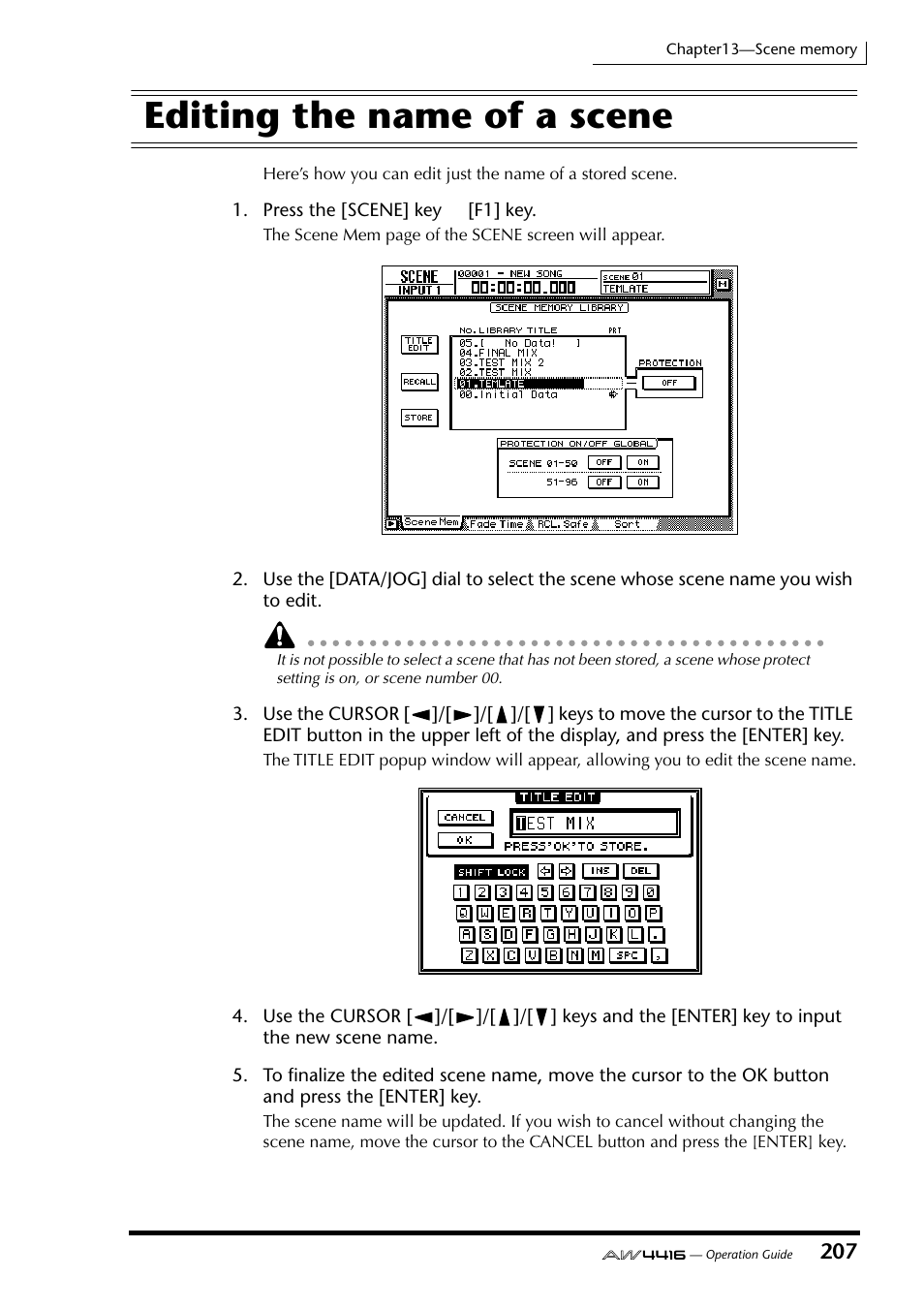 Editing the name of a scene | Yamaha AW4416 User Manual | Page 217 / 280