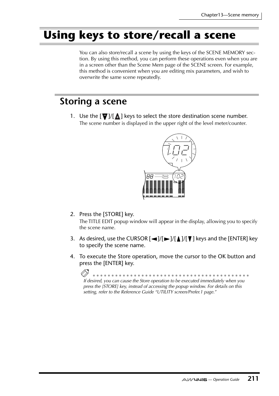 Using keys to store/recall a scene, Storing a scene, Press the [store] key | Yamaha AW4416 User Manual | Page 221 / 280