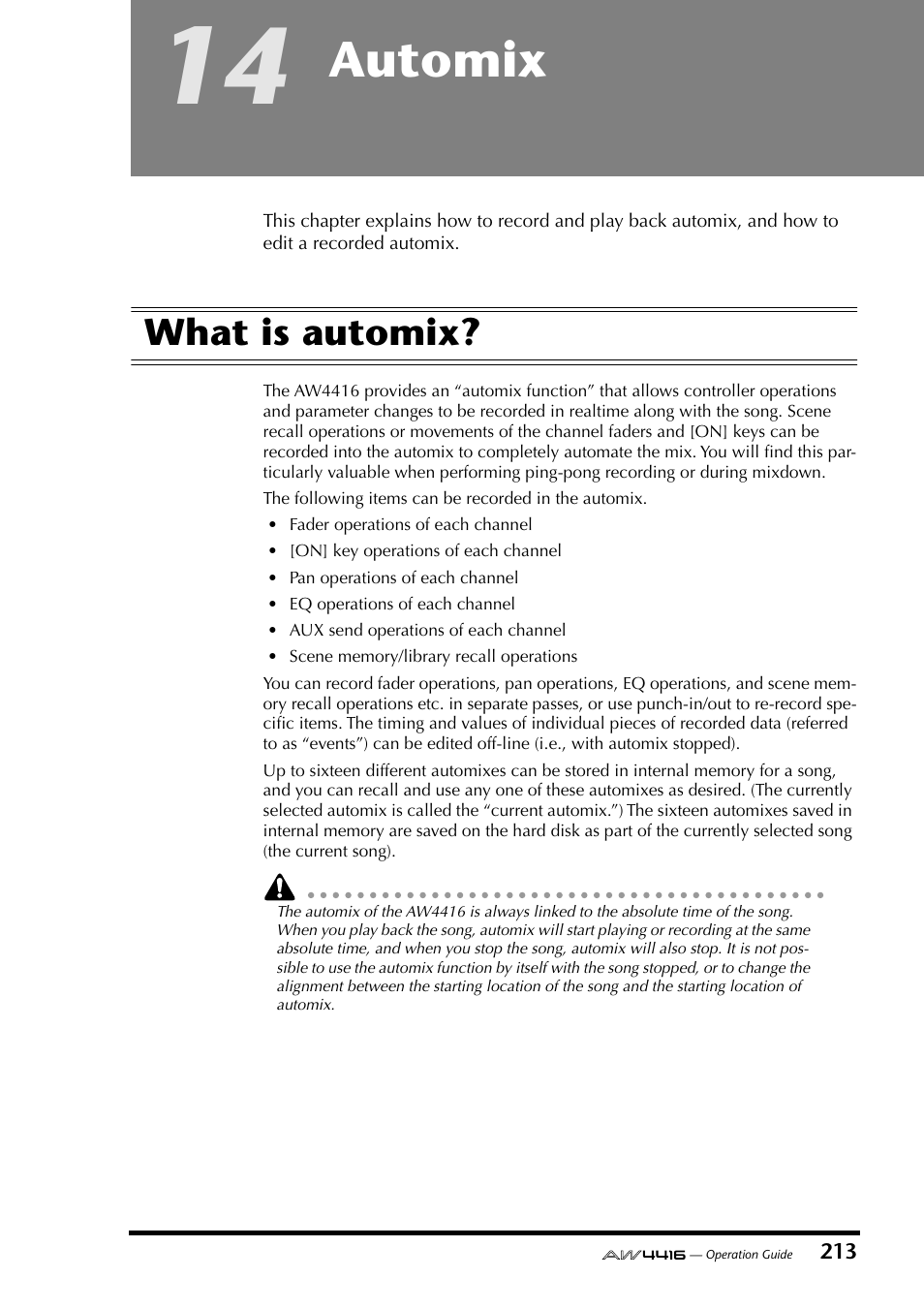 14 automix, What is automix, Chapter 14 automix | Automix | Yamaha AW4416 User Manual | Page 223 / 280