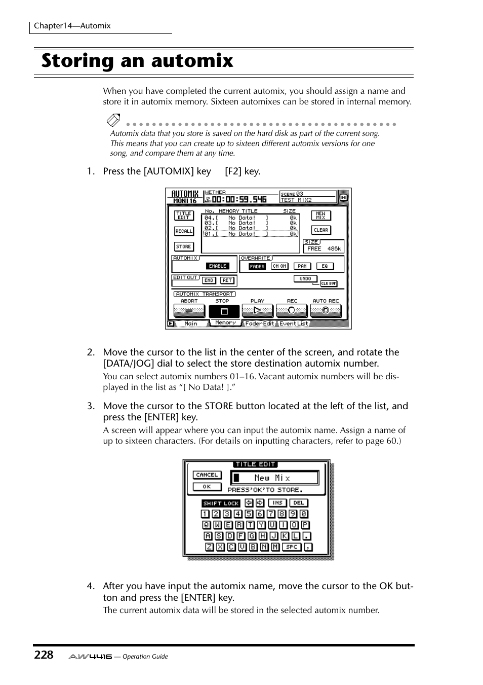 Storing an automix | Yamaha AW4416 User Manual | Page 238 / 280