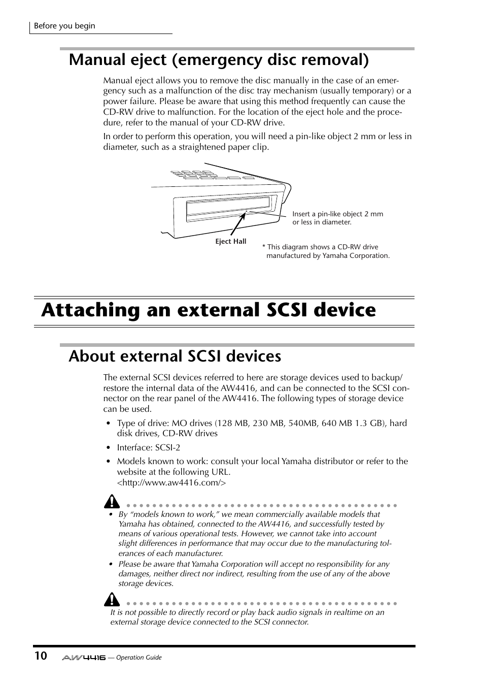 Manual eject (emergency disc removal), Attaching an external scsi device, About external scsi devices | Yamaha AW4416 User Manual | Page 24 / 280