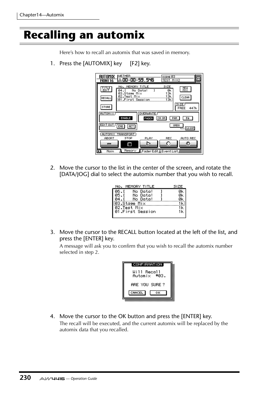 Recalling an automix | Yamaha AW4416 User Manual | Page 240 / 280