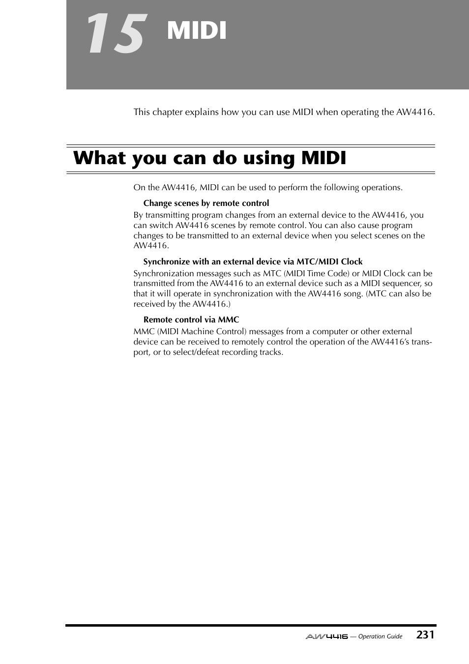 15 midi, What you can do using midi, Chapter 15 midi | Midi | Yamaha AW4416 User Manual | Page 241 / 280