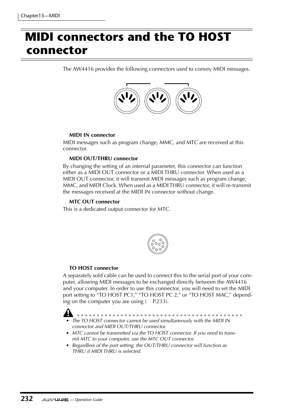 Midi connectors and the to host connector | Yamaha AW4416 User Manual | Page 242 / 280