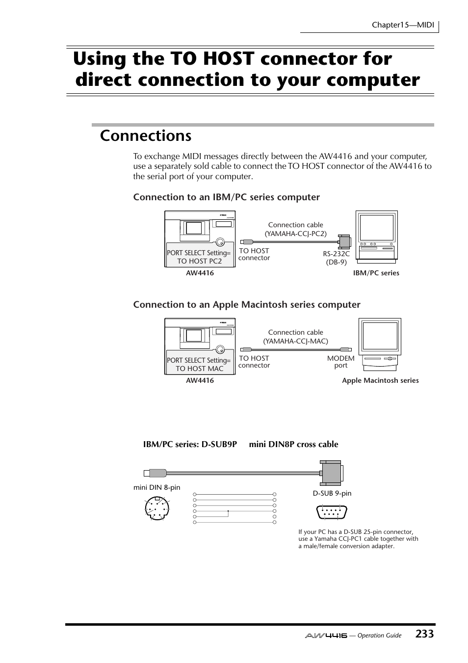 Connections, Connection to an ibm/pc series computer, Connection to an apple macintosh series computer | Yamaha AW4416 User Manual | Page 243 / 280