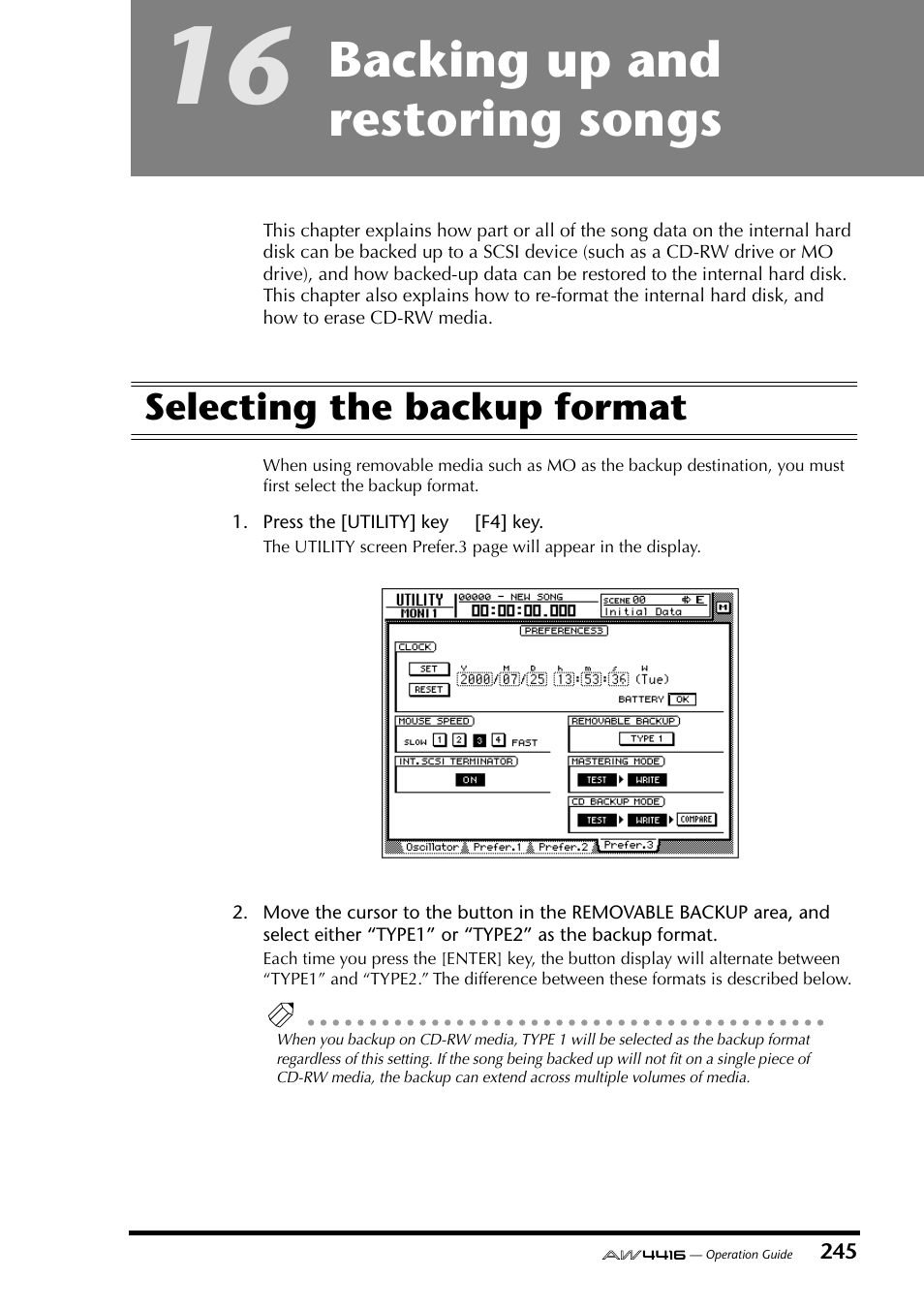 16 backing up and restoring songs, Selecting the backup format, Chapter 16 backing up and restoring songs | Backing up and restoring songs | Yamaha AW4416 User Manual | Page 255 / 280