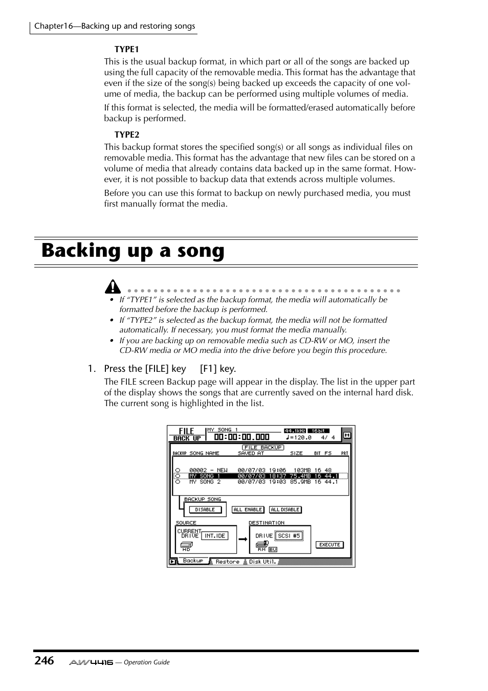 Backing up a song | Yamaha AW4416 User Manual | Page 256 / 280