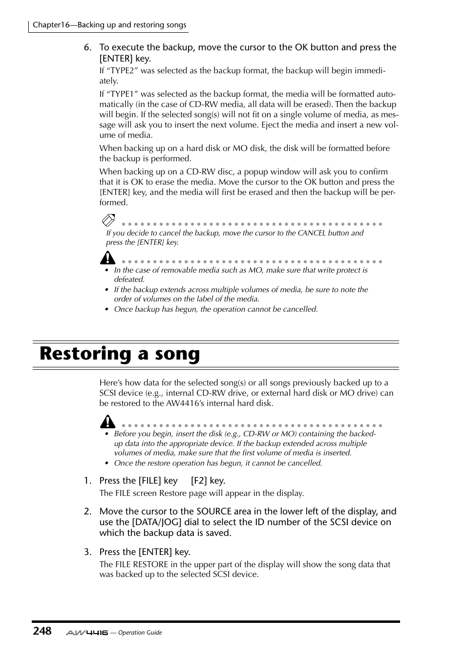 Restoring a song | Yamaha AW4416 User Manual | Page 258 / 280