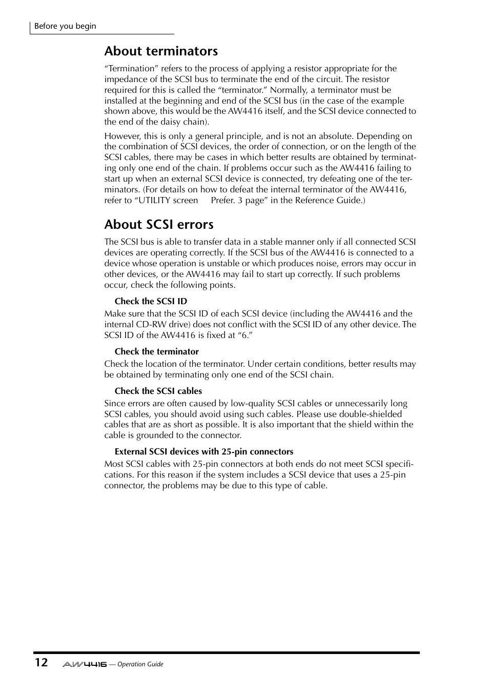 About terminators about scsi errors, About terminators, About scsi errors | Yamaha AW4416 User Manual | Page 26 / 280