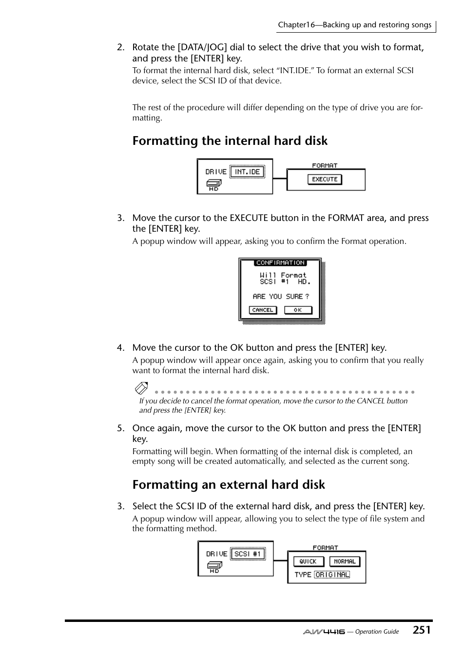 Formatting the internal hard disk, Formatting an external hard disk | Yamaha AW4416 User Manual | Page 261 / 280