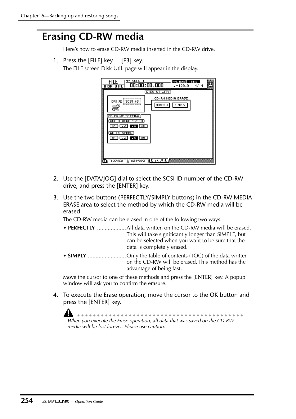 Erasing cd-rw media | Yamaha AW4416 User Manual | Page 264 / 280