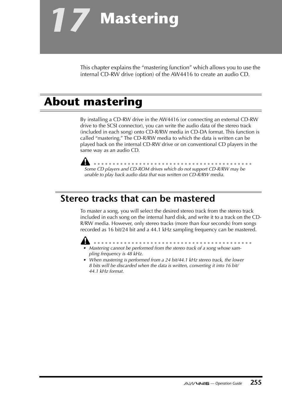 17 mastering, About mastering, Stereo tracks that can be mastered | Chapter 17 mastering, Mastering | Yamaha AW4416 User Manual | Page 265 / 280