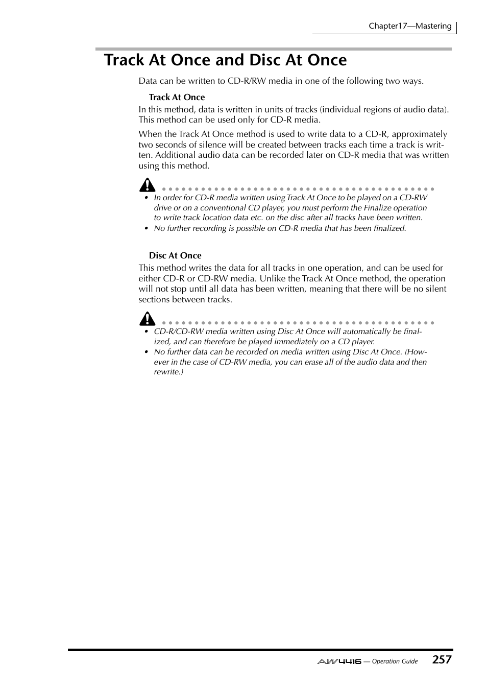 Track at once and disc at once | Yamaha AW4416 User Manual | Page 267 / 280