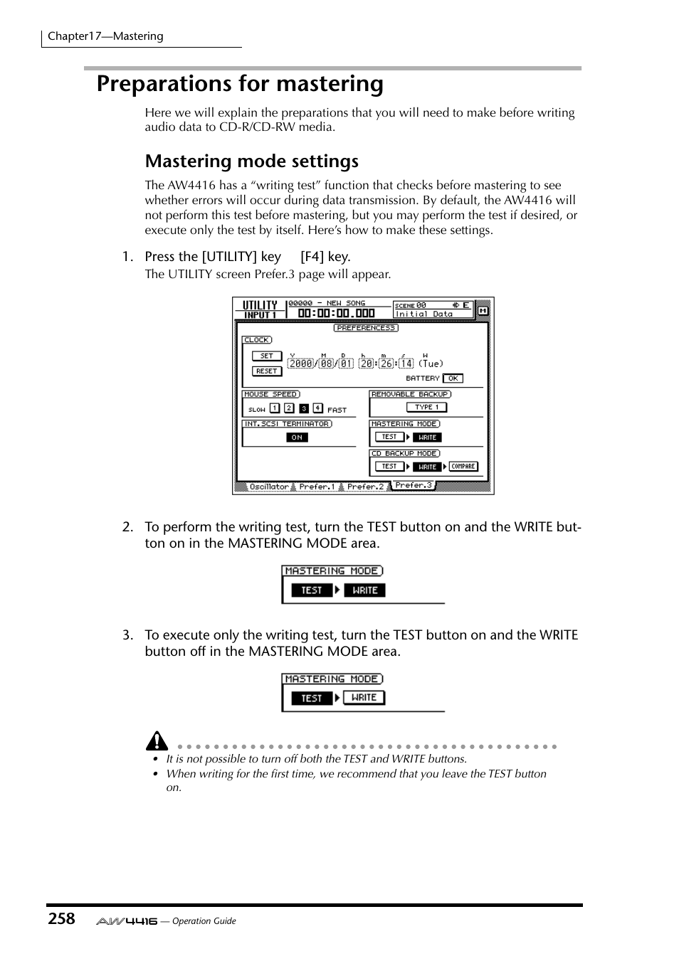 Preparations for mastering, Mastering mode settings | Yamaha AW4416 User Manual | Page 268 / 280