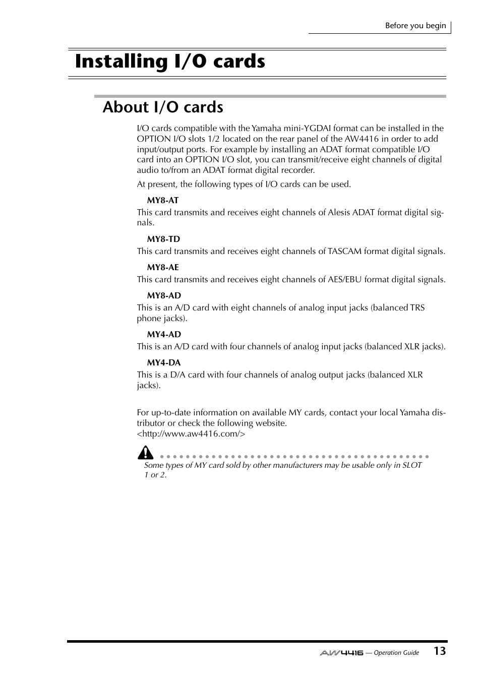 Installing i/o cards, About i/o cards | Yamaha AW4416 User Manual | Page 27 / 280