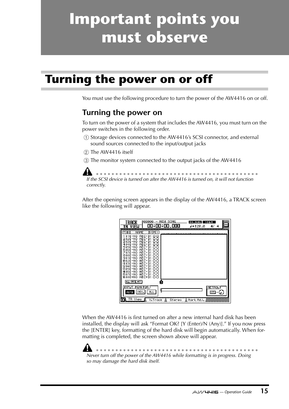 Important points you must observe, Turning the power on or off, Turning the power on | Yamaha AW4416 User Manual | Page 29 / 280