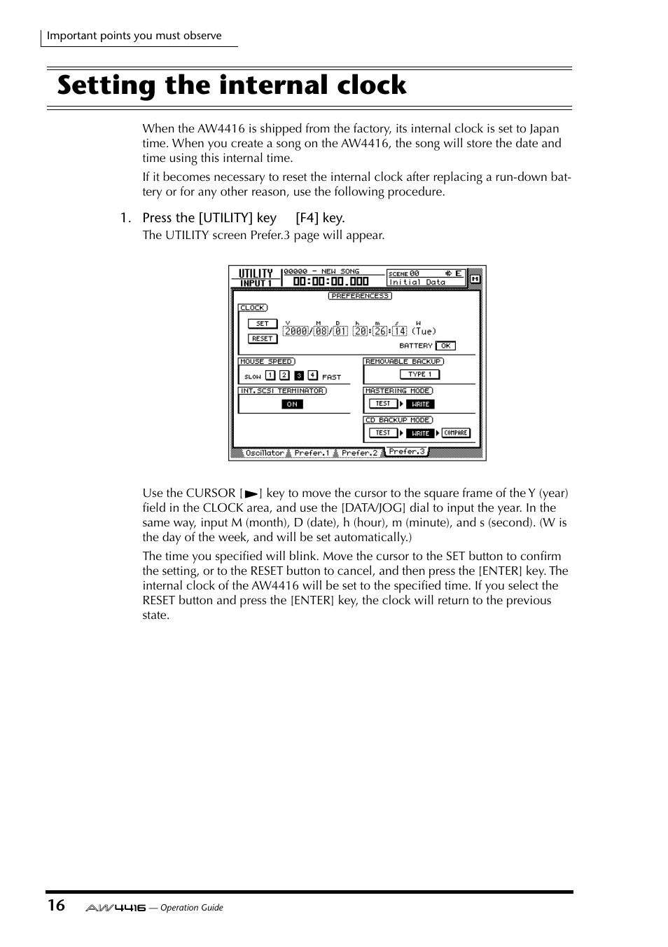 Setting the internal clock | Yamaha AW4416 User Manual | Page 30 / 280