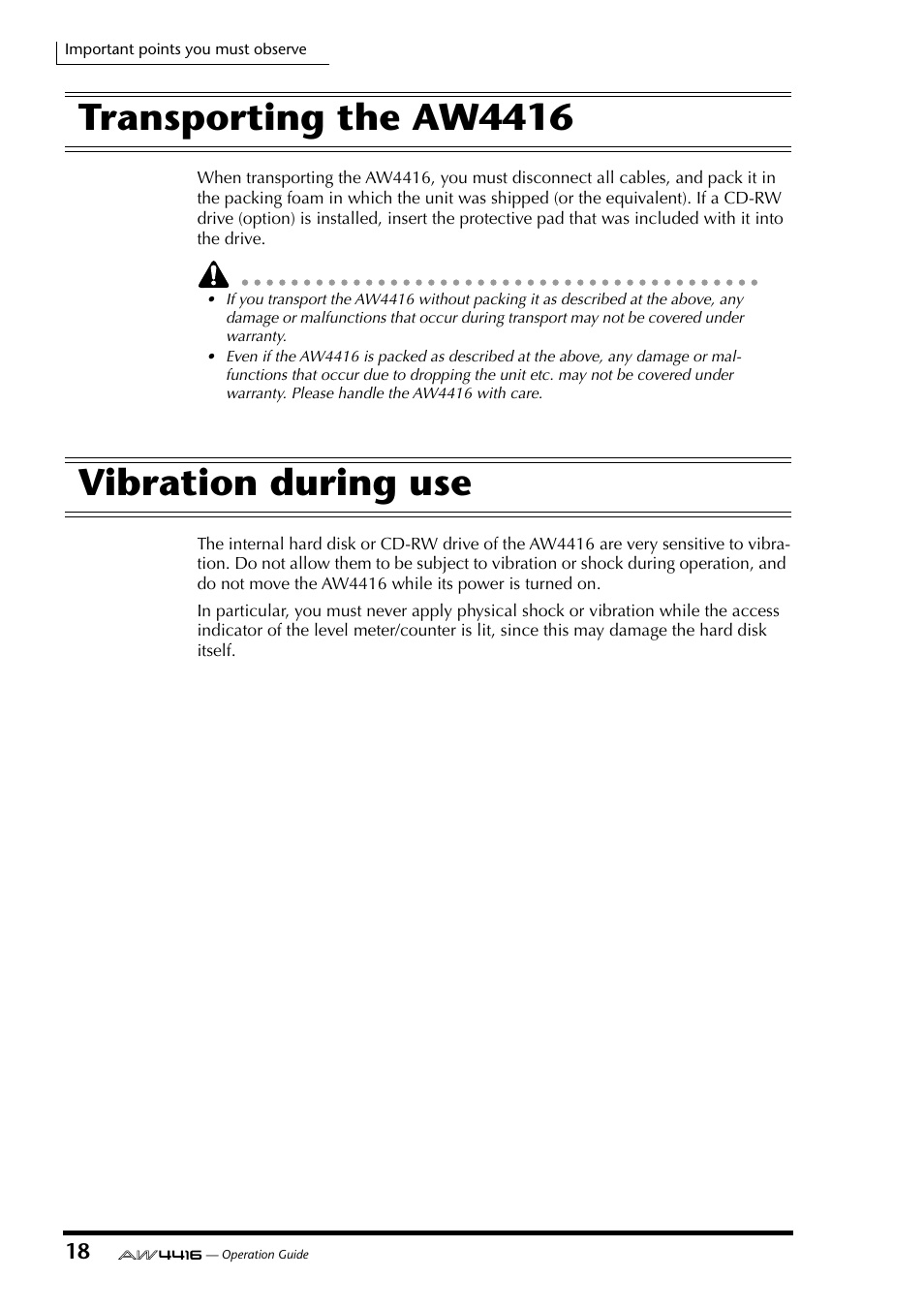 Transporting the aw4416, Vibration during use, Transporting the aw4416 vibration during use | Yamaha AW4416 User Manual | Page 32 / 280