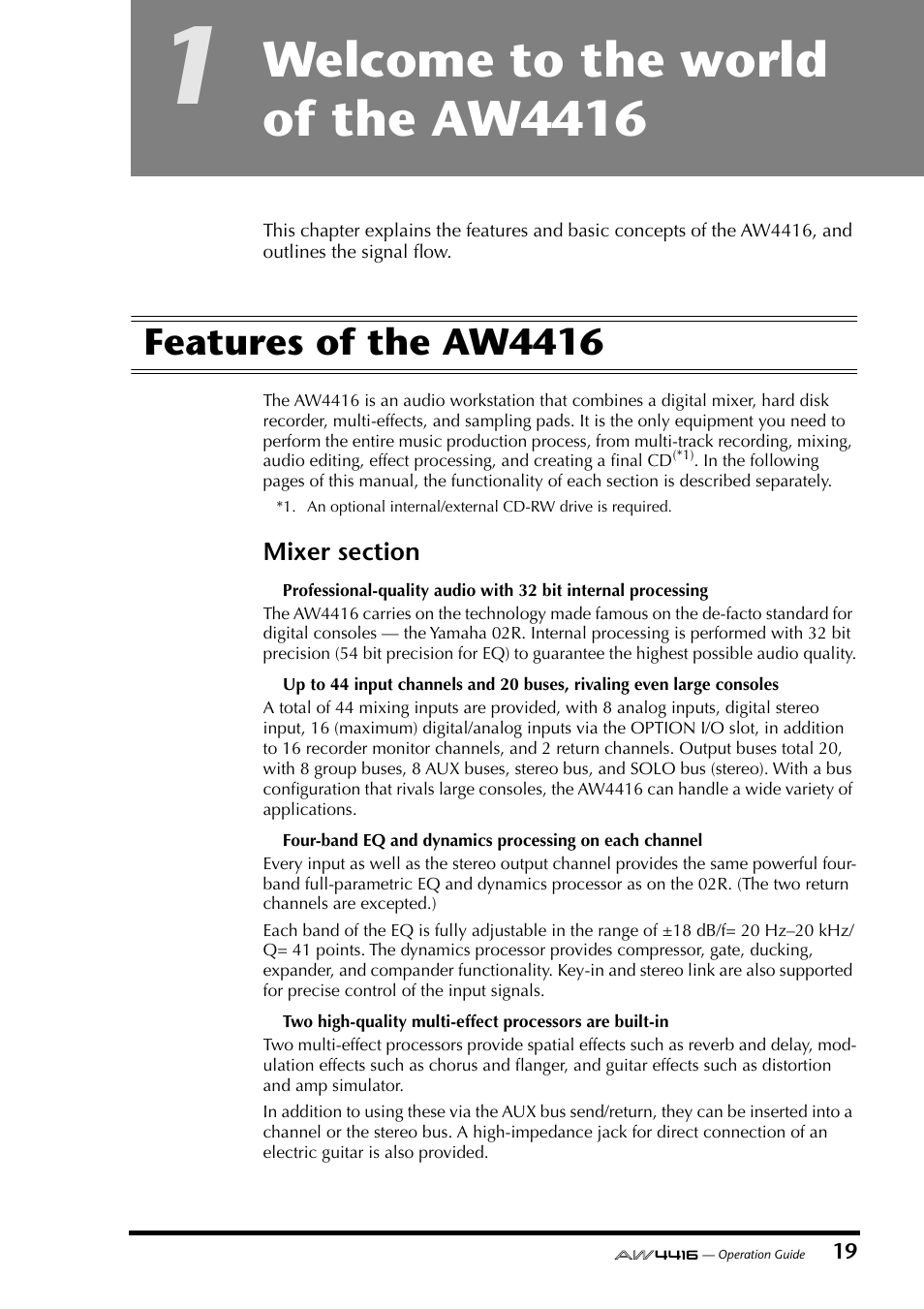 1 welcome to the world of the aw4416, Features of the aw4416, Chapter 1 | Welcome to the world of the aw4416, Mixer section | Yamaha AW4416 User Manual | Page 33 / 280