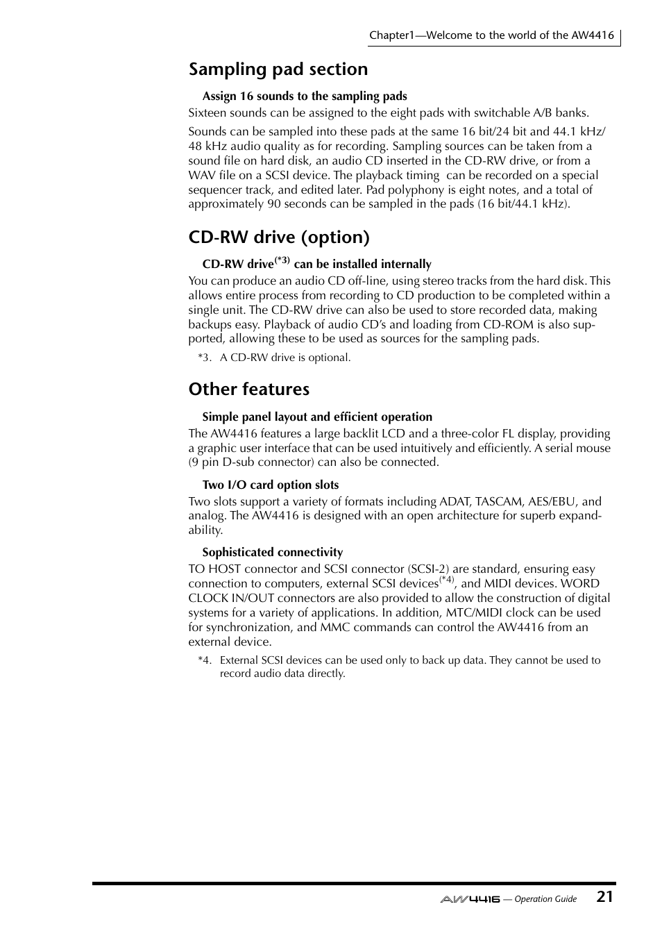 Sampling pad section, Cd-rw drive (option) other features, Using the controls of the top panel | Cd-rw drive (option), Other features | Yamaha AW4416 User Manual | Page 35 / 280