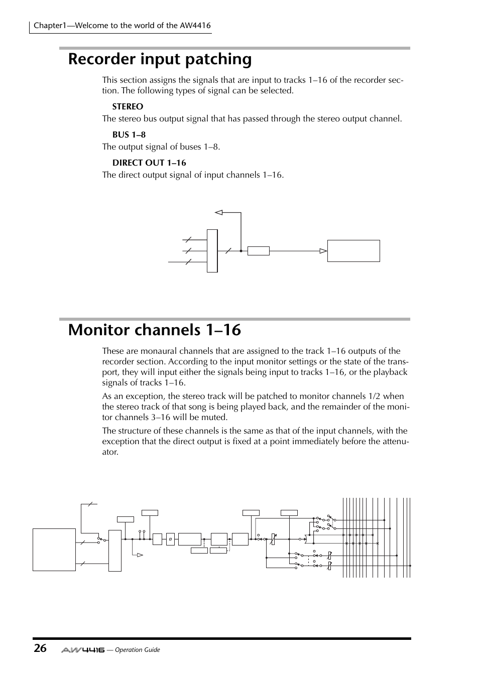 Recorder input patching, Monitor channels 1–16, Recorder input patching monitor channels 1–16 | Yamaha AW4416 User Manual | Page 40 / 280