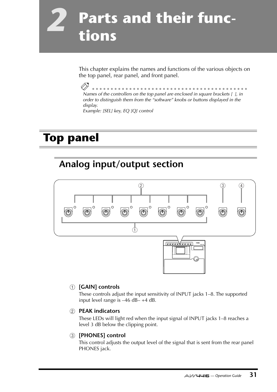 2 parts and their functions, Top panel, Analog input/output section | Chapter 2, Parts and their functions, Parts and their func- tions, 1[gain] controls, Bpeak indicators, C[phones] control | Yamaha AW4416 User Manual | Page 45 / 280