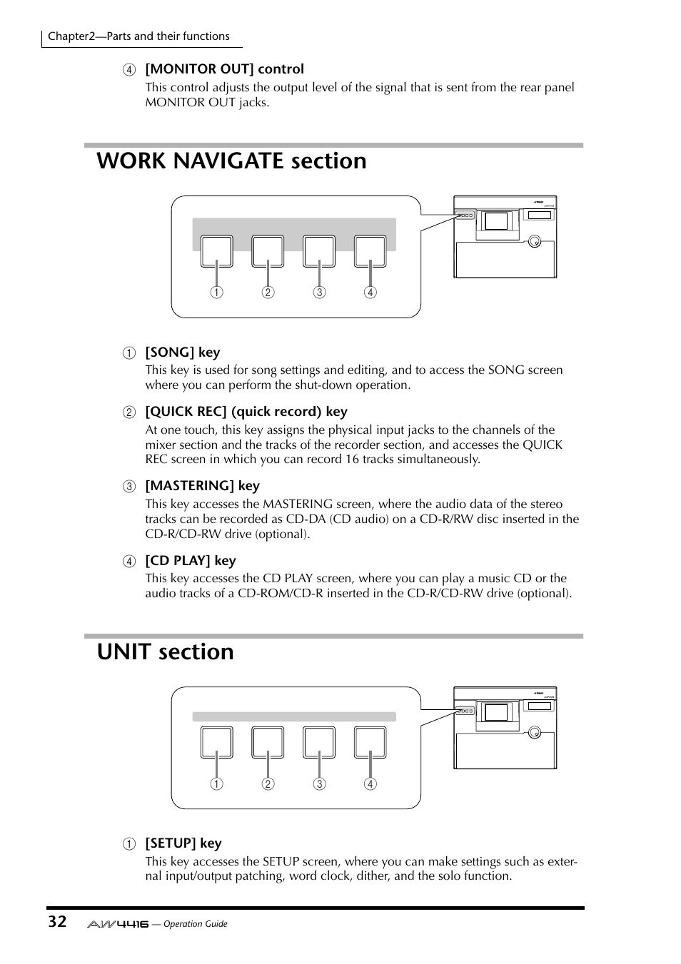 Work navigate section, Unit section, Work navigate section unit section | Yamaha AW4416 User Manual | Page 46 / 280