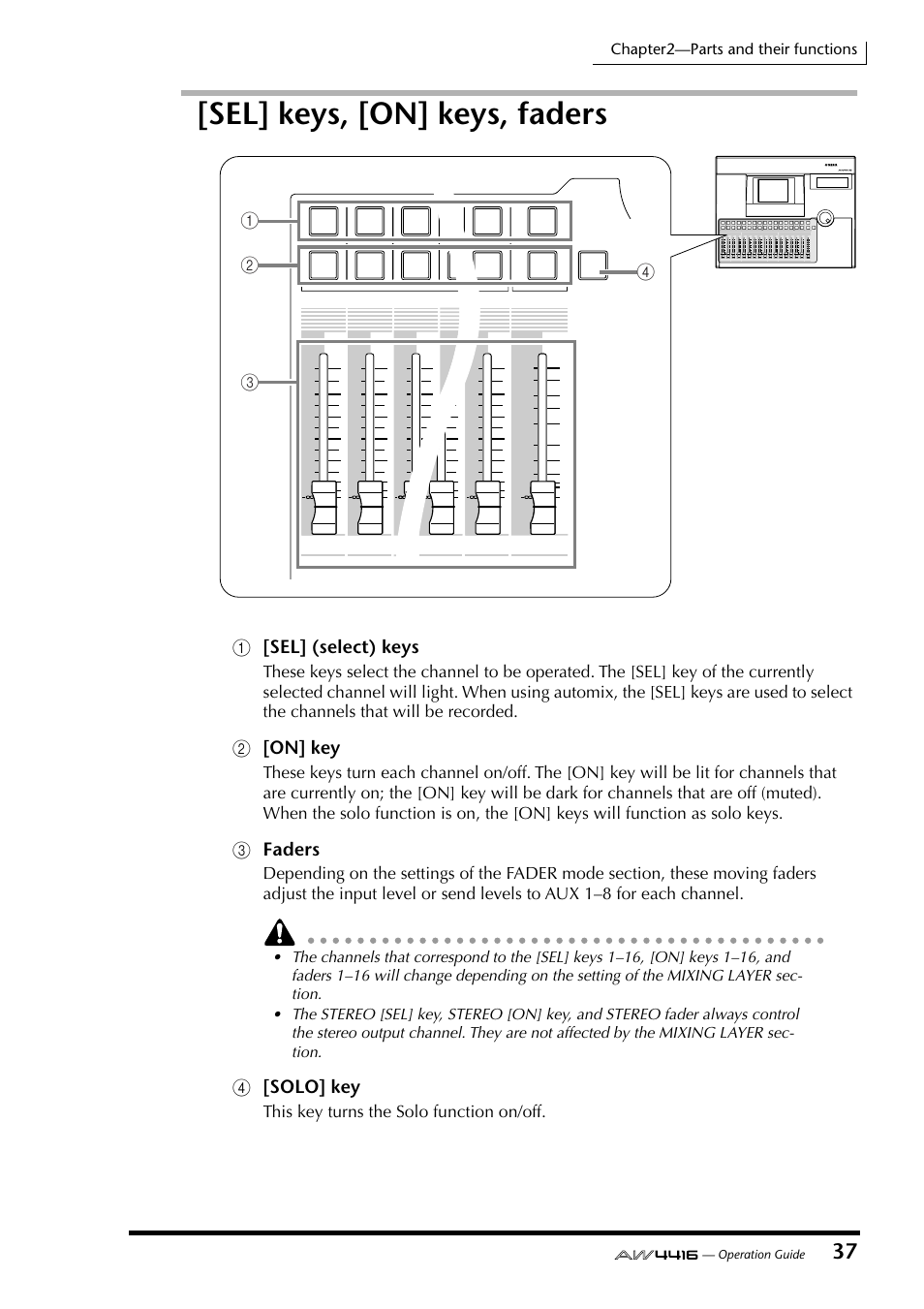 Sel] keys, [on] keys, faders, 1[sel] (select) keys, B[on] key | Cfaders, D[solo] key, This key turns the solo function on/off | Yamaha AW4416 User Manual | Page 51 / 280