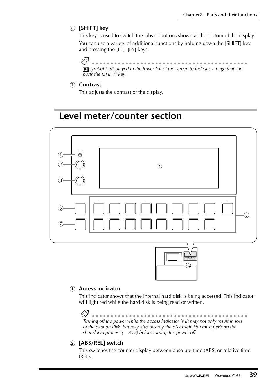 Level meter/counter section | Yamaha AW4416 User Manual | Page 53 / 280