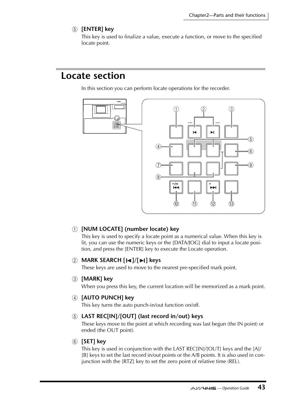 Locate section, E[enter] key, 1[num locate] (number locate) key | Bmark search [ ]/[ ] keys, C[mark] key, D[auto punch] key, Elast rec[in]/[out] (last record in/out) keys, F[set] key | Yamaha AW4416 User Manual | Page 57 / 280