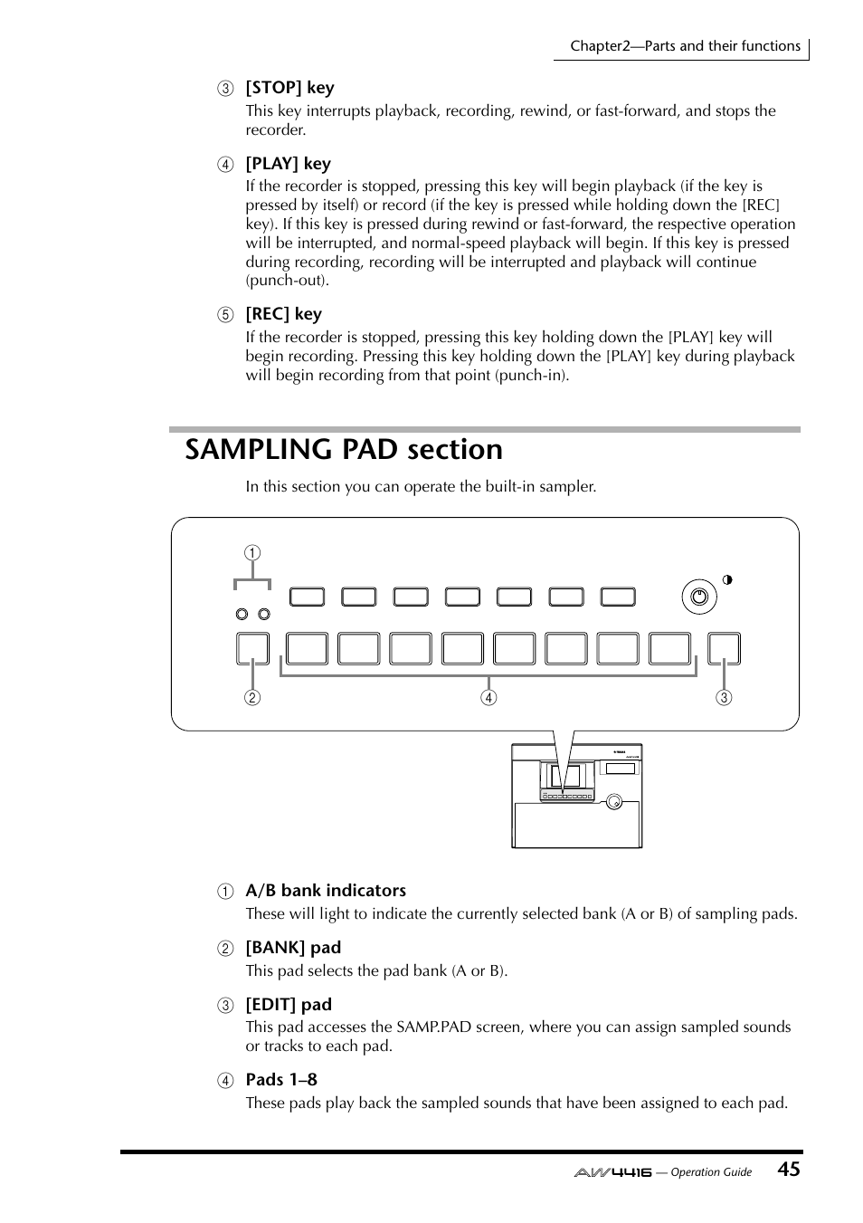 Sampling pad section, C[stop] key, D[play] key | E[rec] key, 1a/b bank indicators, B[bank] pad, C[edit] pad, Dpads 1–8 | Yamaha AW4416 User Manual | Page 59 / 280