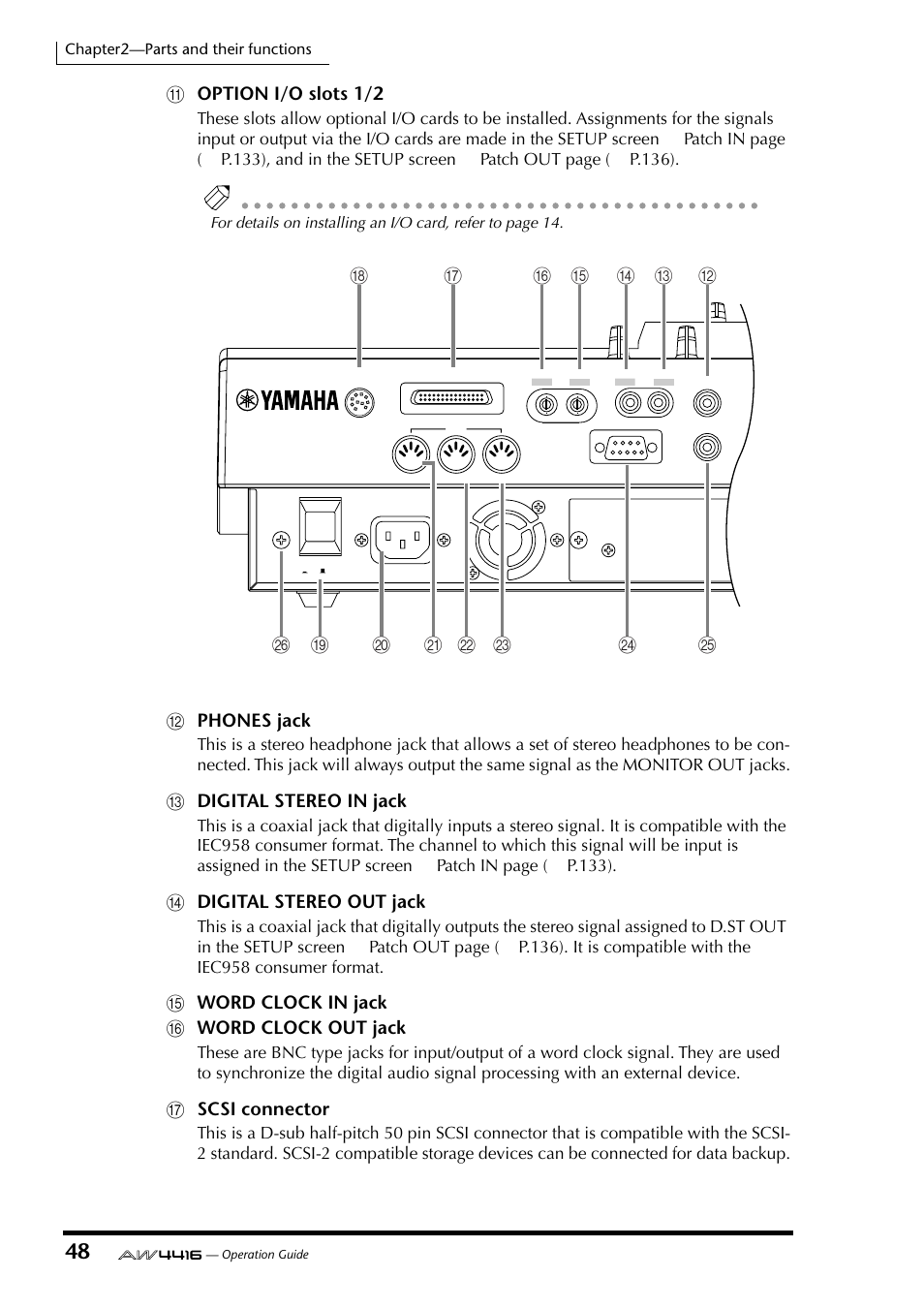 Koption i/o slots 1/2, Lphones jack, Mdigital stereo in jack | Ndigital stereo out jack, Oword clock in jack p word clock out jack, Qscsi connector | Yamaha AW4416 User Manual | Page 62 / 280